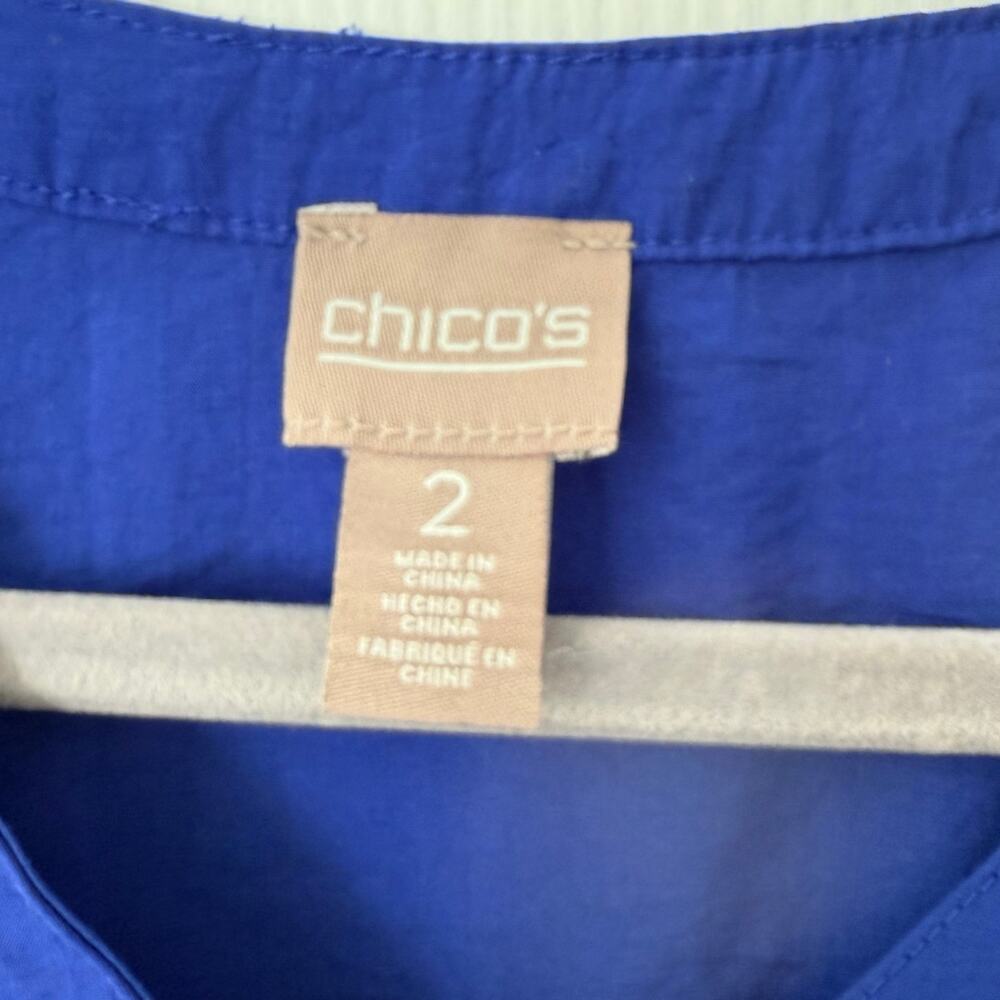 Chico's Women's Blue Button Down Roll Tab Sleeve V-Neck Top Size 2 - Picture 6 of 14
